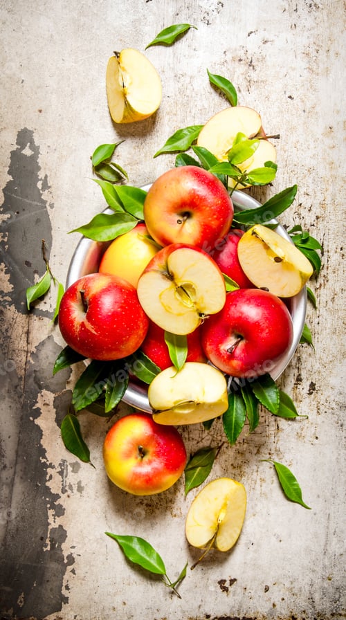 Preview: Fresh Red Apples In Cup . On The Rustic Background. Free Space For Text . Top View