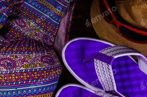 Preview: Swim Suit, Hat, Sunglasses And Flip Flops On Wooden Table. Top View. Summer Vacation Concept
