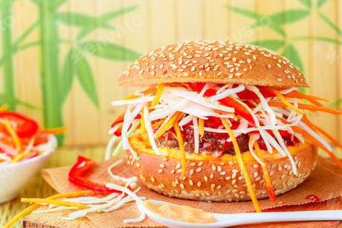 Preview: Burger With Beef And Vegetable Salad Of Cabbage, Carrots, Bell Pepper With Tomato Ketchup And