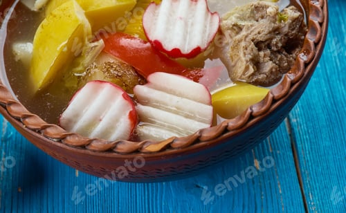 Preview: Mexican Cuisine , Traditional Soup Pozole, Traditional Assorted Dishes, Top View.