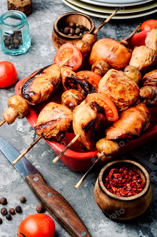 Preview: Chicken Kebab On Skewers With Mushrooms.Barbeque Meat Dish