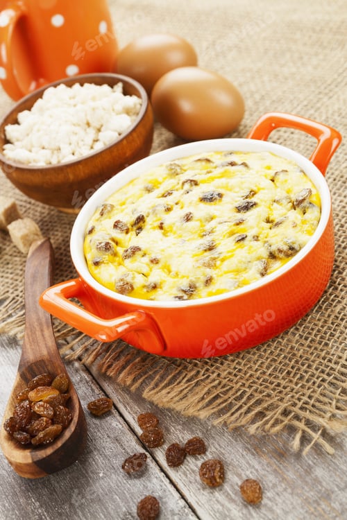 Preview: Cottage Cheese Casserole In A Ceramic Pot On A Table