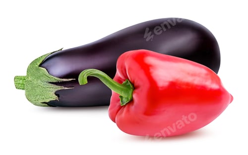 Preview: Fresh Vegetable Eggplants And Pepper Isolated On White Background.