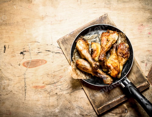 Preview: Fried Chicken Legs In A Frying Pan. On A Wooden Table.