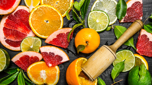 Preview: Citrus Fruits - Grapefruit, Orange, Tangerine, Lemon, Lime. On A Black Wooden Background. Top View