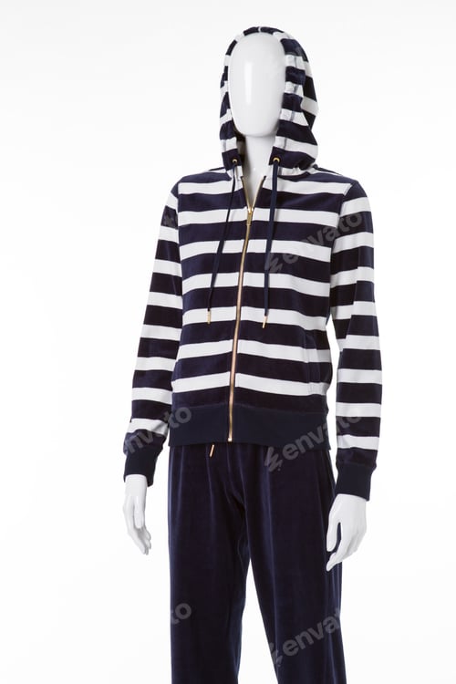 Preview: Female Mannequin In Zipper Hoodie. Striped Top And Navy Pants. Sports Clothing In Local Store. New