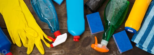 Preview: Cleaning Products On Wooden Surface, Overhead View. From Above, Top View.