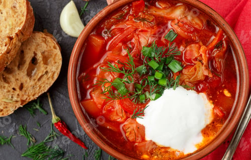Preview: Ukrainian And Russian Traditional Vegetable Red Soup - Borsch In A Clay Plate On Ñ?еñ?ной