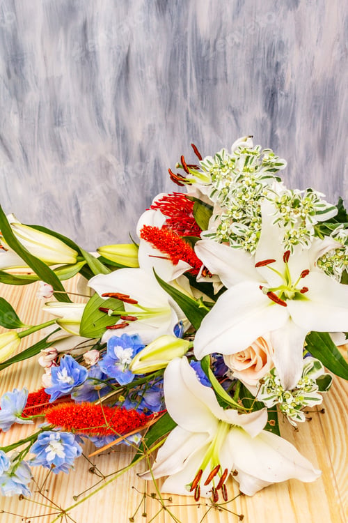 Preview: Bouquet Of Summer Festive Flowers. The Concept Of A Romantic Gift. Bridal Bouquet. Light Wooden