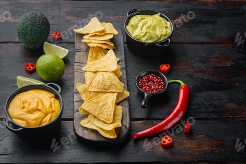 Preview: Mexican Nachos With Sauce Set, On Old Wooden Table With Copy Space For Text