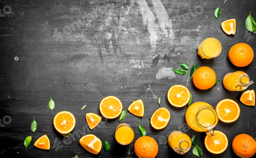 Preview: Fresh Juice From Oranges With Leaves.On A Black Chalkboard.