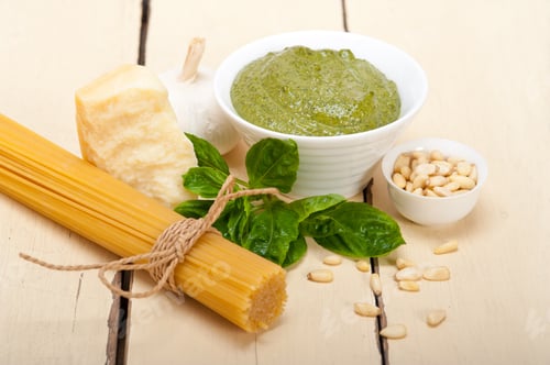 Preview: Italian Traditional Basil Pesto Pasta Ingredients Parmesan Cheese Pine Nuts Extra Virgin Olive Oil