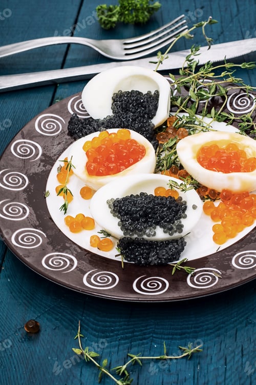 Preview: Chicken Egg With Red And Black Caviar