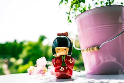 Preview: Wooden Japanese Kokeshi Doll Dressed In Traditional Kimono, Hand Painted In Red And Florals. Pink