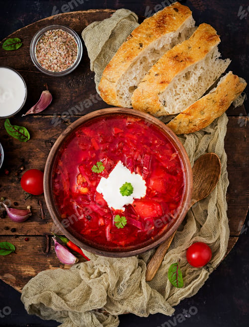 Preview: Traditional Ukrainian Russian Borscht With White Beans On The Bowl. Flat Lay. Top View