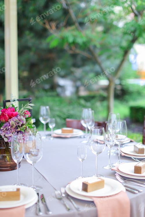Preview: Closeup Served Table At Restaurant At Cafe In Open Air. Concept Of Catering Establishment And