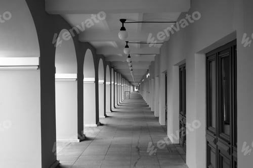 Preview: Arcade Of Historic Building Of Nikolsky Market In Saint Petersburg, Russia. Black And White.