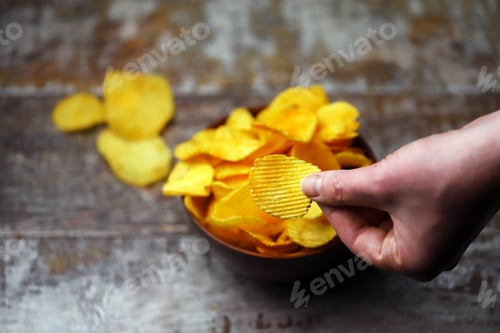 Preview: Selective Focus. Cheese Chips In A Bowl. Yellow Cheese Chips.