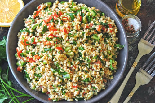 Preview: Salad Tabbouleh. Healthy Salad With Bulgur And Vegetables. Lebanese Recipe. Middle Eastern Cuisine.