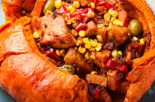 Preview: Pumpkin Stuffed With Meat And Vegetables.Meat Baked In Pumpkin.