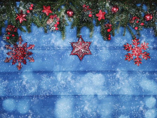 Preview: Winter Christmas Background With Decor On Fir Branches Cones And Snow On Blue Wooden Texture
