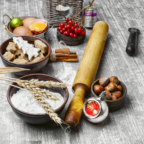 Preview: Basic Baking Ingredients For Christmas Cooking.Eggs,Brown Sugar And Wheat Flour.
