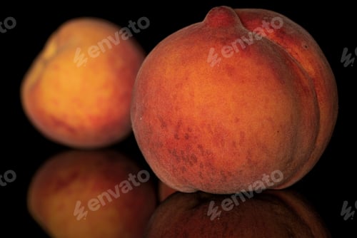 Preview: Group Of Two Whole Bright Fresh Fuzzy Peach Isolated On Black Glass