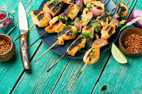 Preview: Barbecue Of Chicken On Skewers With Onion.Grilled Meat Skewers