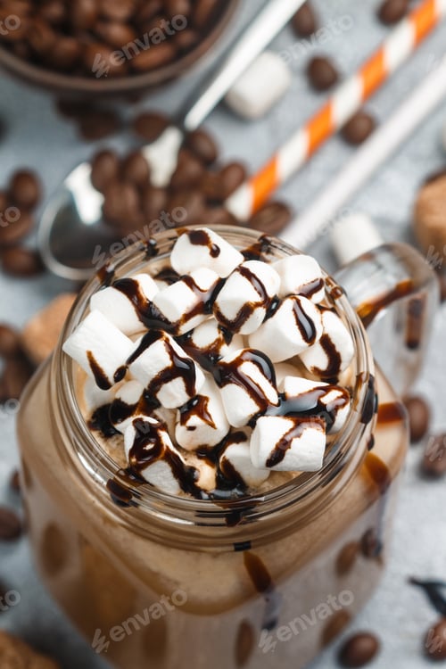 Preview: Chocolate Coffee With Marshmallows And Syrup In A Mason Jar . Selective Focus