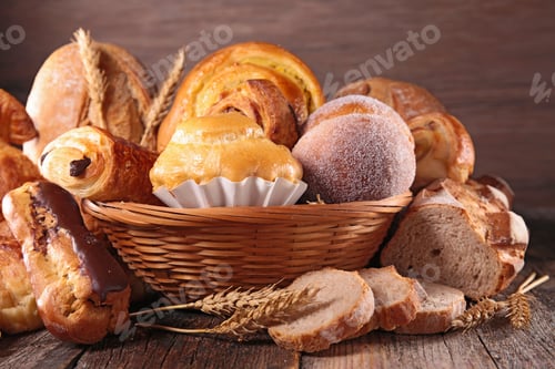 Assortment of Delicious Baked Goods on Wooden Surface