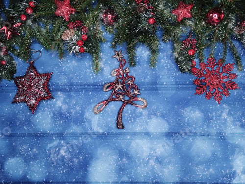 Preview: Winter Christmas Background With Decor On Fir Branches Cones And Snow On Blue Wooden Texture