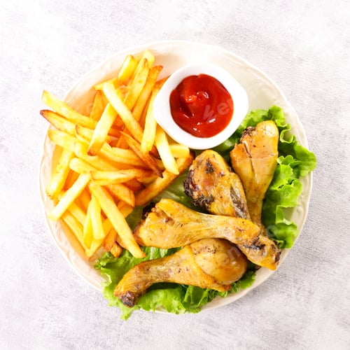 Preview: Fried Chicken Leg, French Fries And Ketchup