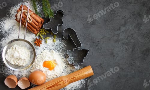 Preview: Cooking Christmas Baking. Ingredients For The Dough And The Spices On The Table. Flour, Eggs