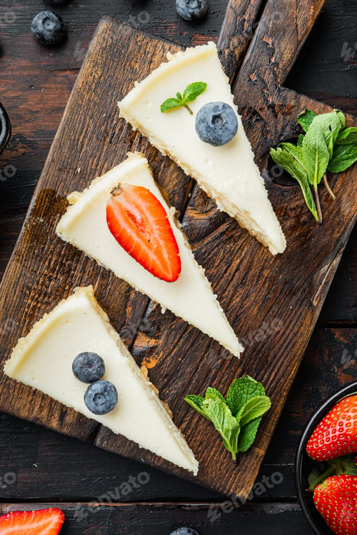 Preview: Homemade Cheesecake With Fresh Berrie, On Old Dark Wooden Table Background, Top View Flat Lay