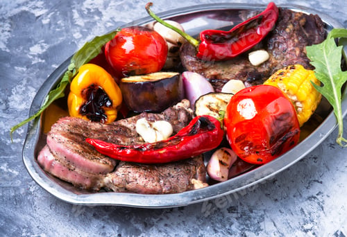 Preview: Beef Fried Meat, Grilled Vegetables On Tray