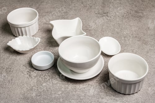 Preview: Assorted White Empty Bowls And Plates On A Stone Background. Different Ceramic Dishes And Kitchen