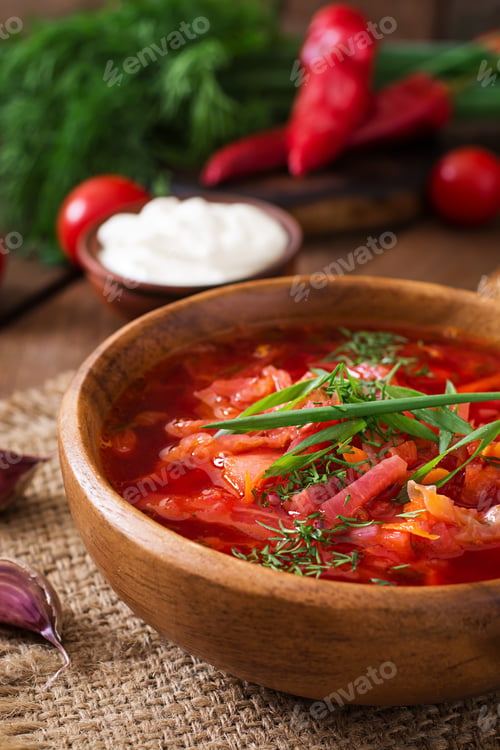 Preview: Traditional Ukrainian Russian Vegetable Borscht On The Old Wooden Background