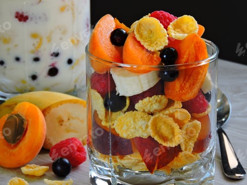Preview: Useful Breakfast With Fruit Berries Flakes And Yogurt. Berries Fruit Flakes. Close Up.