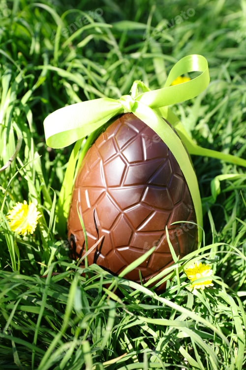 Preview: Chocolate Egg And Green Bow In The Garden- Easter Day