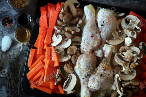Preview: Selective Focus. Raw Chicken Legs On A Baking Dish With Mushrooms And Carrots. Chicken Dish With