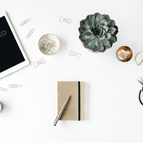 Preview: Feminini Desk Workspace With Succulent, Tablet, Scissors, Diary And Golden Clips On White