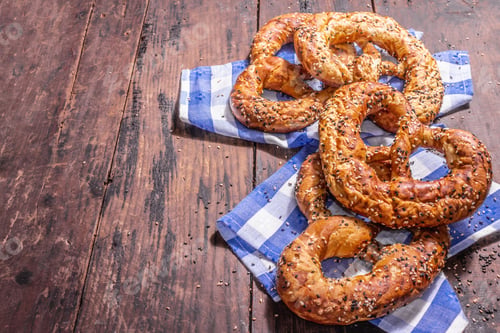 Preview: Oktoberfest Concept - Pretzels On A Traditional Napkin. Trendy Hard Light, Dark Shadow. Vintage
