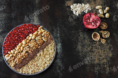 Preview: Vegan Bowl. Example Healthy Breakfast With Oatmeal, Nuts And Seeds. Vegan Food. Superfoods