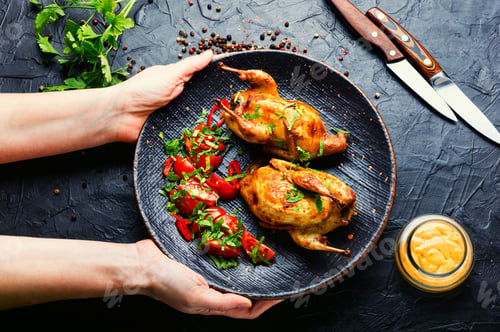 Preview: Baked Whole Quail And Vegetable Salad.Appetizing Baked Quail Meat On Plate In Hands