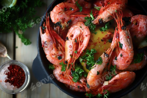 Preview: Selective Focus. Shrimp In A Frying Pan. Fried Flambé Shrimps In Shells With Spices.