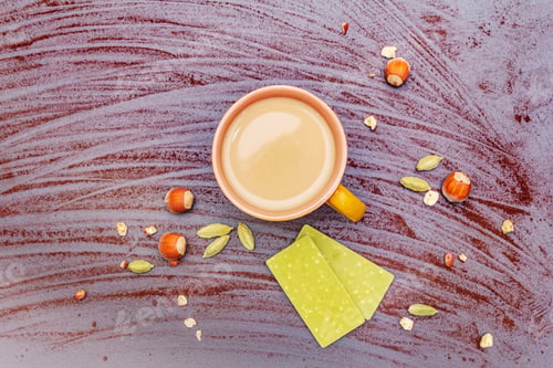 Preview: Coffee Cup, Chocolate With Matcha Tea, Hazelnuts, Cocoa Powder And Cardamon. Hot Sweet Drink