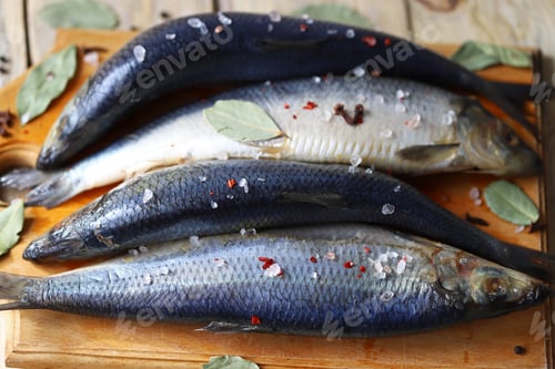 Preview: Selective Focus. Macro. Salted Herring Of Spicy Salting. Spices And Salt. Herrings With Head And