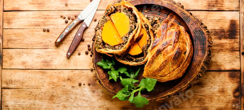 Preview: Wellington Pumpkin,Loaf Of Bread Stuffed With Baked Mushrooms And Pumpkin.