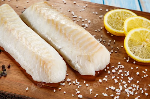 Preview: Fresh Raw Cod Served On Cutting Board On Wooden Table