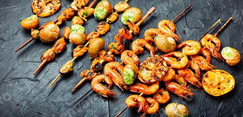 Preview: Delicious Roasted Shrimps And Mussels On Wooden Skewers